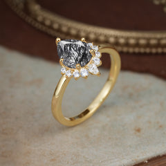 Pear Cut Vintage Black Rutilated Quartz Engagement Ring Cluster Ring for Women