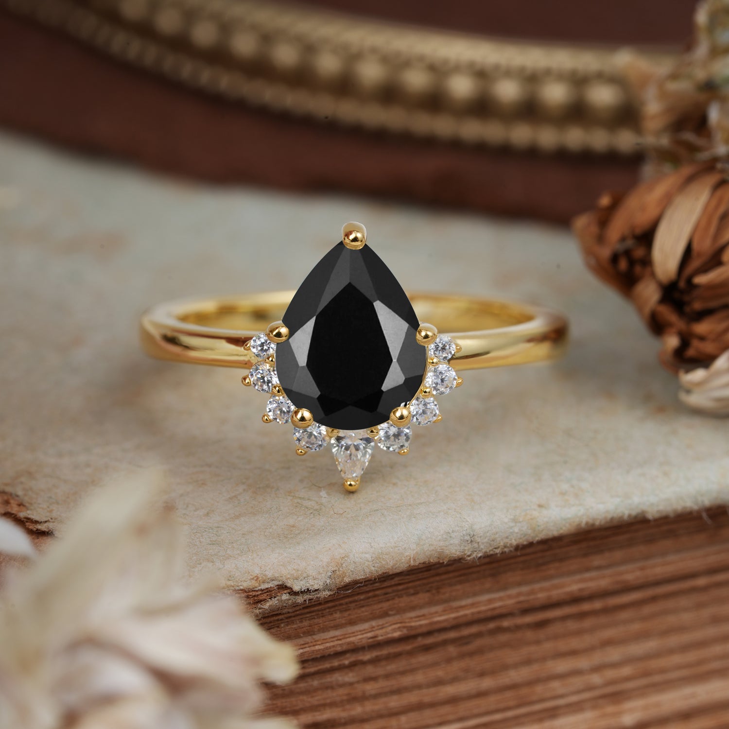 Pear Cut Vintage Black Onyx Engagement Ring Cluster Ring for Women