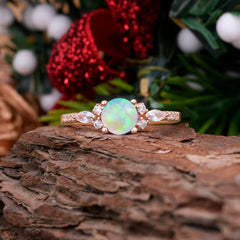 Round Cut 4 Prong Opal Engagement Ring Cluster Anniversary Ring
