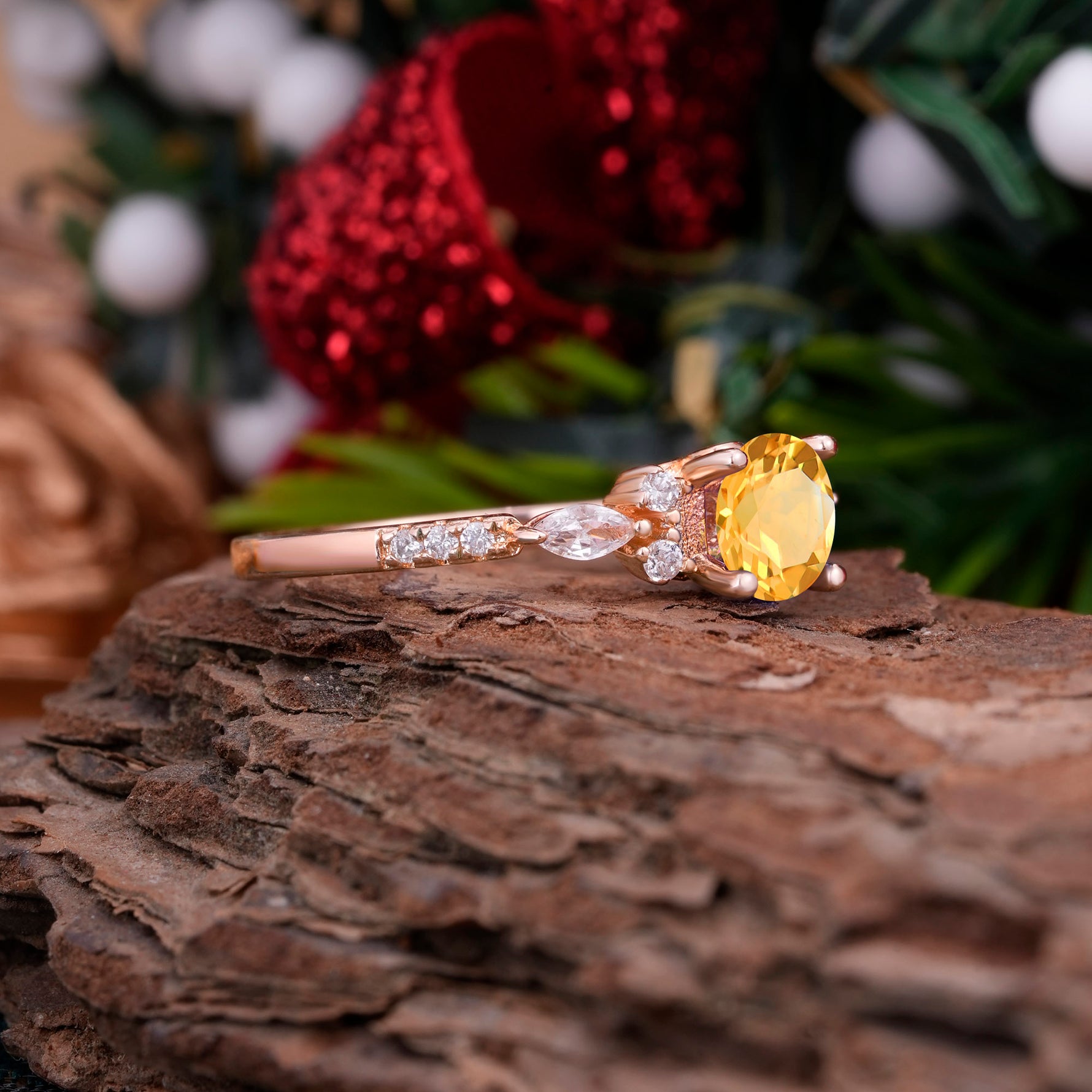 Round Cut Citrine Engagement Ring Cluster Anniversary Ring - Romalar Jewelry