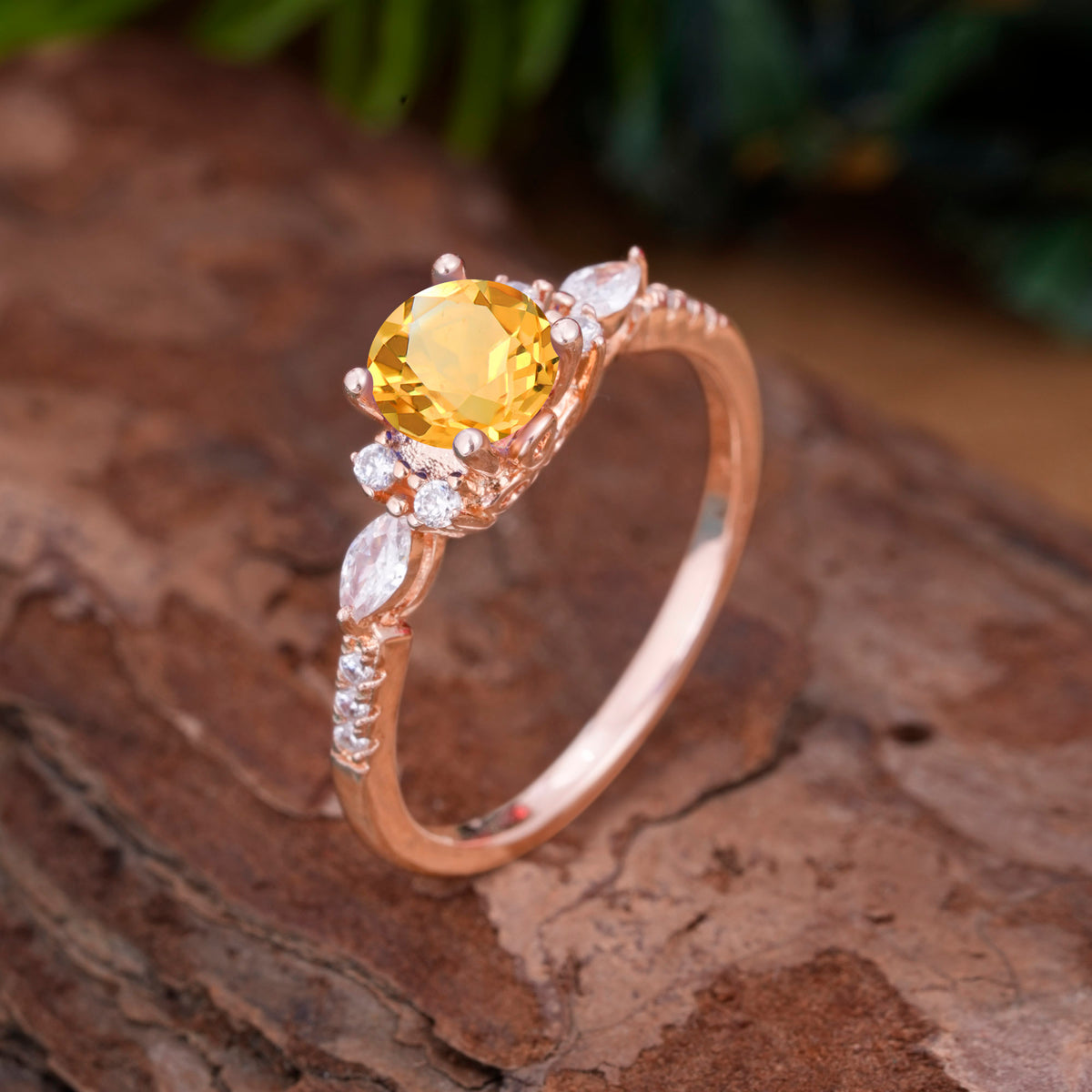 Round Cut Citrine Engagement Ring Cluster Anniversary Ring - Romalar Jewelry