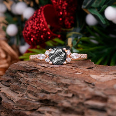 Round Cut 4 Prong Black Rutilated Quartz Engagement Ring Cluster Anniversary Ring