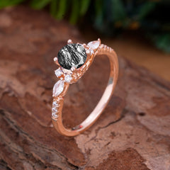 Round Cut 4 Prong Black Rutilated Quartz Engagement Ring Cluster Anniversary Ring