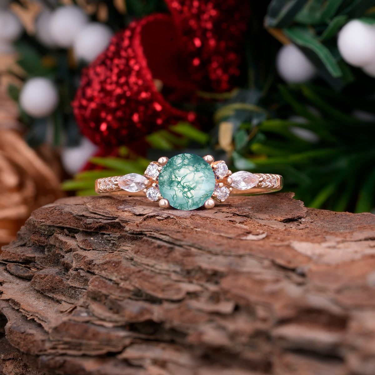 Round Cut Moss Agate Engagement Ring Cluster Anniversary Ring - Romalar Jewelry