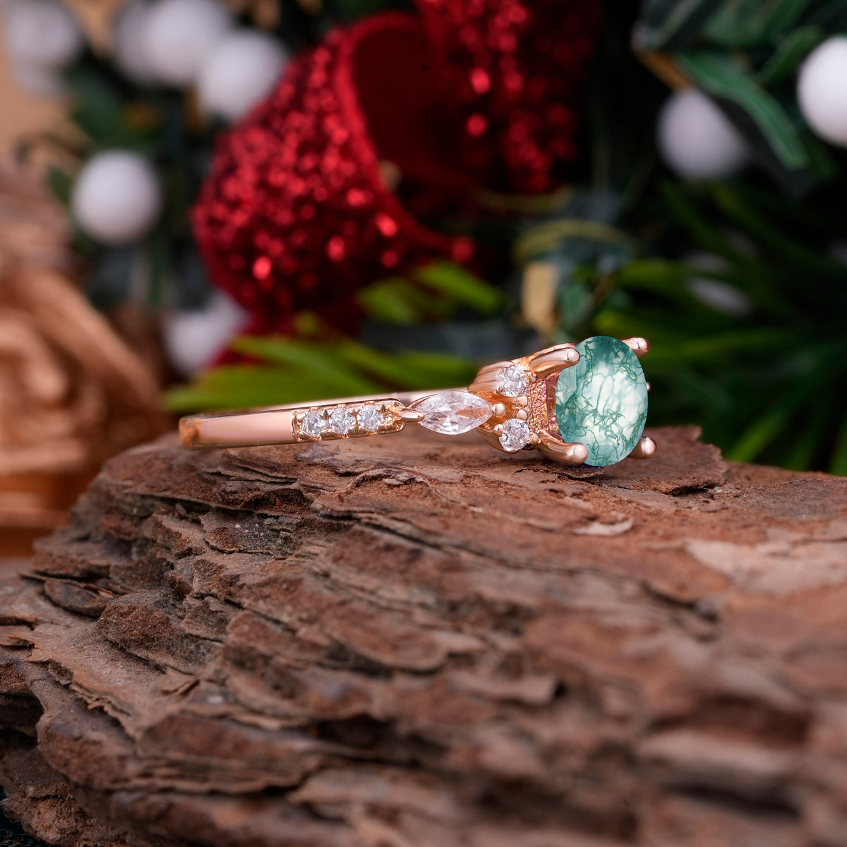 Round Cut Moss Agate Engagement Ring Cluster Anniversary Ring - Romalar Jewelry