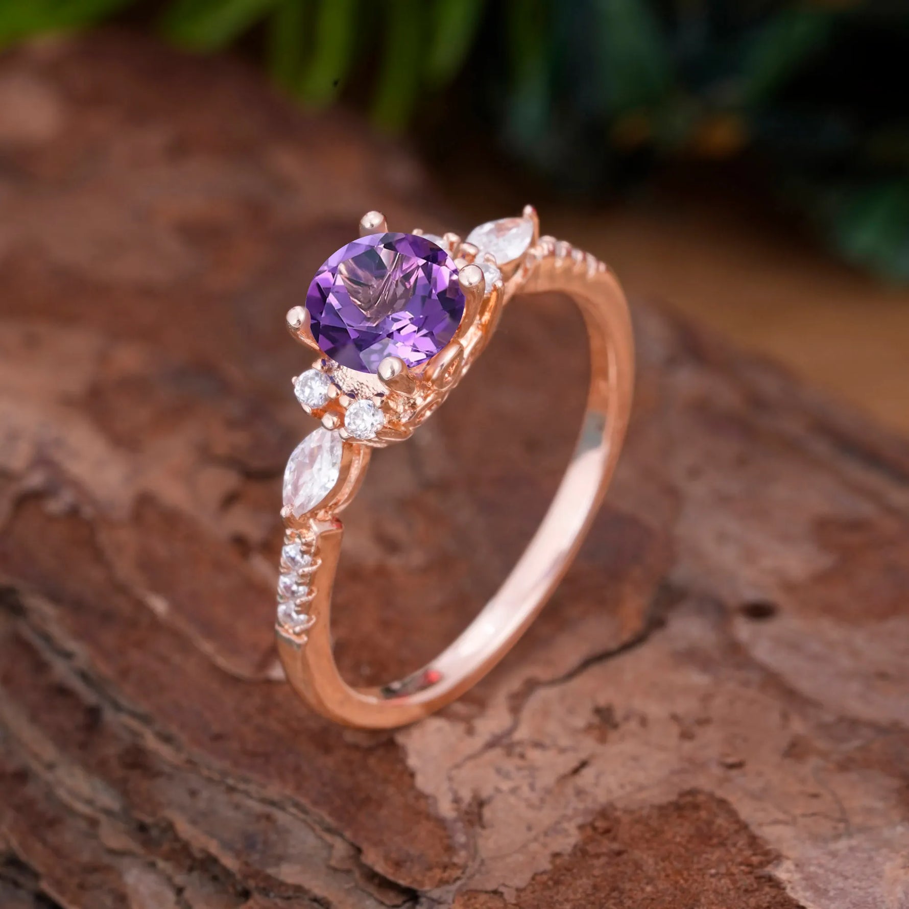 Round Cut 4 Prong Amethyst Engagement Ring Cluster Anniversary Ring - Romalar Jewelry