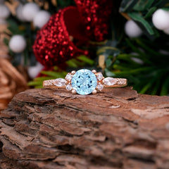 Round Cut 4 Prong Aquamarine Engagement Ring Cluster Anniversary Ring