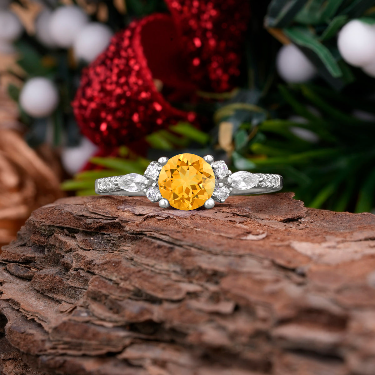 Round Cut Citrine Engagement Ring Cluster Anniversary Ring - Romalar Jewelry