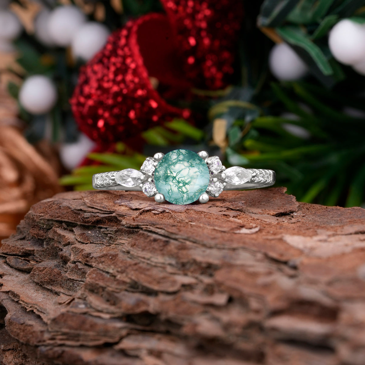 Round Cut Moss Agate Engagement Ring Cluster Anniversary Ring - Romalar Jewelry