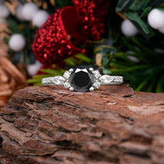 Round Cut 4 Prong Black Onyx Engagement Ring Cluster Anniversary Ring