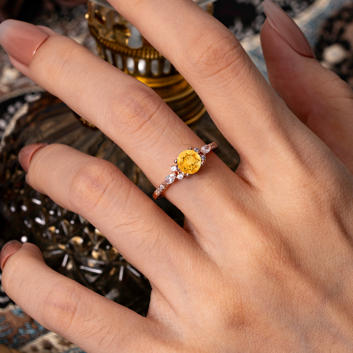 Round Cut Citrine Engagement Ring Cluster Anniversary Ring - Romalar Jewelry