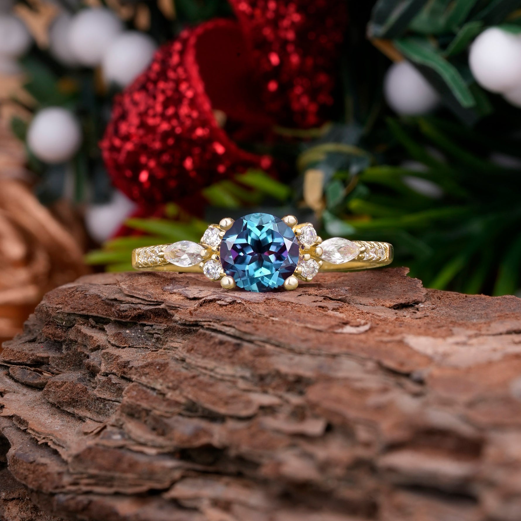 Round Cut Alexandrite Engagement Ring Cluster Anniversary Ring - Romalar Jewelry