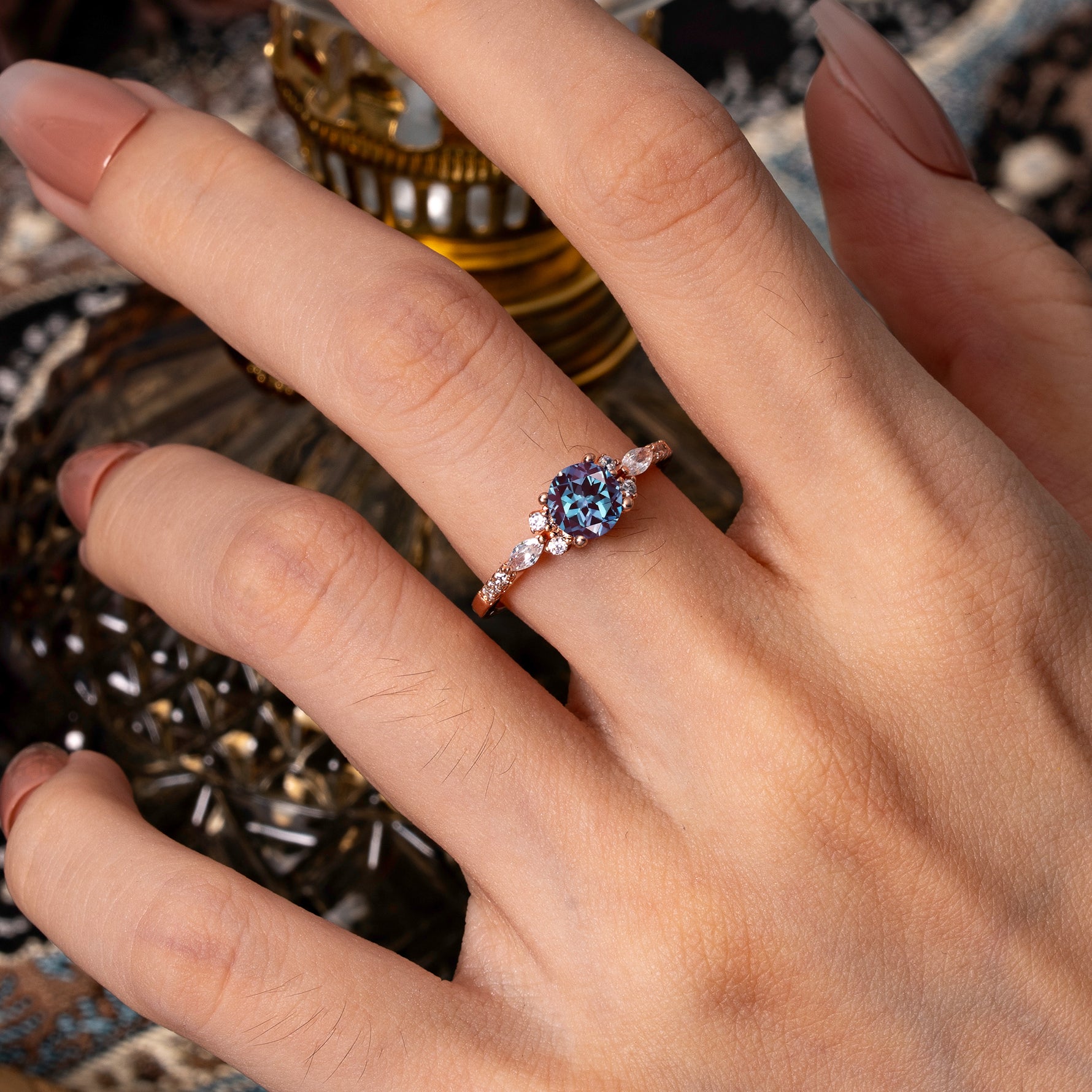 Round Cut Alexandrite Engagement Ring Cluster Anniversary Ring - Romalar Jewelry