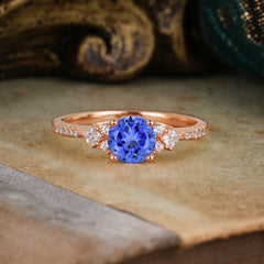 Round Cut Lab Sapphire Classic Side Stone Wedding Engagement Ring