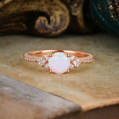 Round Cut Lab Opal Classic Side Stone Wedding Engagement Ring