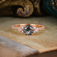 Round Cut Black Rutilated Quartz Classic Side Stone Wedding Engagement Ring