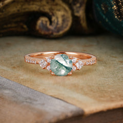 Round Cut  Moss Agate Classic Side Stone Wedding Engagement Ring