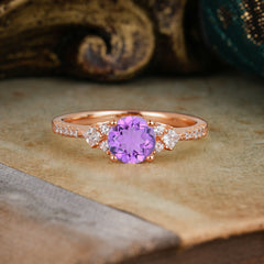 Round Cut Amethyst Classic Side Stone Wedding Engagement Ring