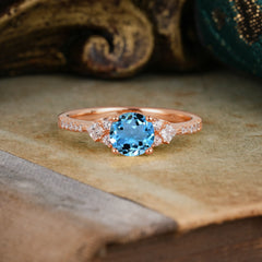 Round Cut Aquamarine Classic Side Stone Wedding Engagement Ring