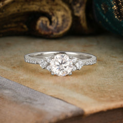 Round Cut Lab Moissanite Classic Side Stone Wedding Engagement Ring