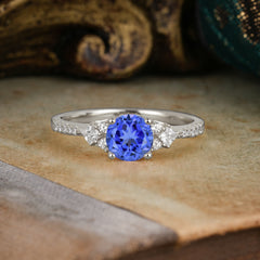 Round Cut Lab Sapphire Classic Side Stone Wedding Engagement Ring