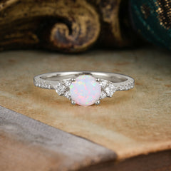 Round Cut Lab Opal Classic Side Stone Wedding Engagement Ring
