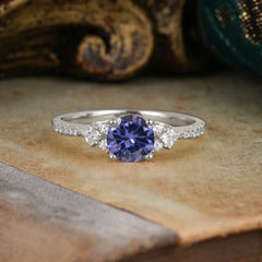 Round Cut Tanzanite Classic Side Stone Wedding Engagement Ring