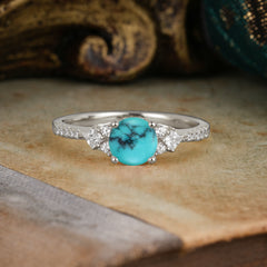 Round Cut Lab Turquoise Classic Side Stone Wedding Engagement Ring
