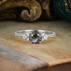 Round Cut Black Rutilated Quartz Classic Side Stone Wedding Engagement Ring