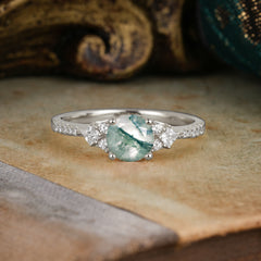 Round Cut  Moss Agate Classic Side Stone Wedding Engagement Ring