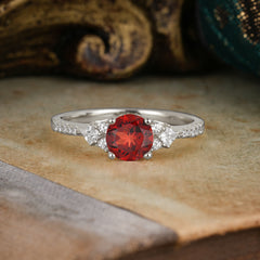 Round Cut Garnet Classic Side Stone Wedding Engagement Ring