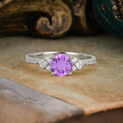 Round Cut Amethyst Classic Side Stone Wedding Engagement Ring