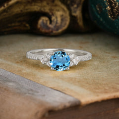 Round Cut Aquamarine Classic Side Stone Wedding Engagement Ring