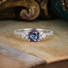 Round Cut Alexandrite Classic Side Stone Wedding Engagement Ring