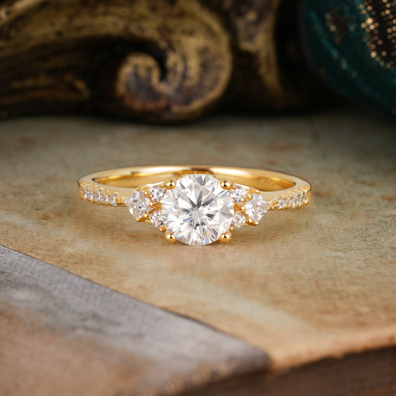 Round Cut  Moissanite Classic Side Stone Engagement Ring