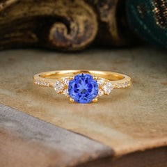 Round Cut Lab Sapphire Classic Side Stone Wedding Engagement Ring