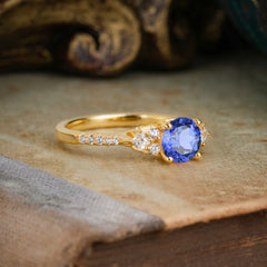 Round Cut Lab Sapphire Classic Side Stone Wedding Engagement Ring