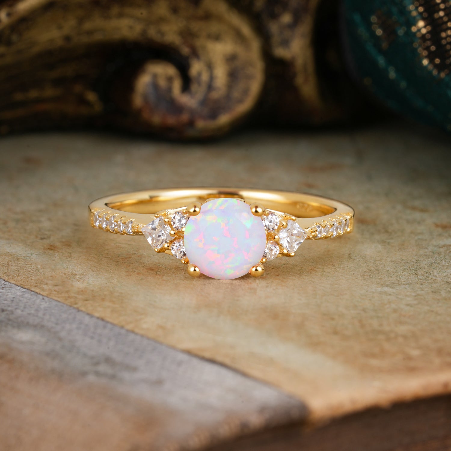 Round Cut Opal Classic Side Stone Engagement Ring