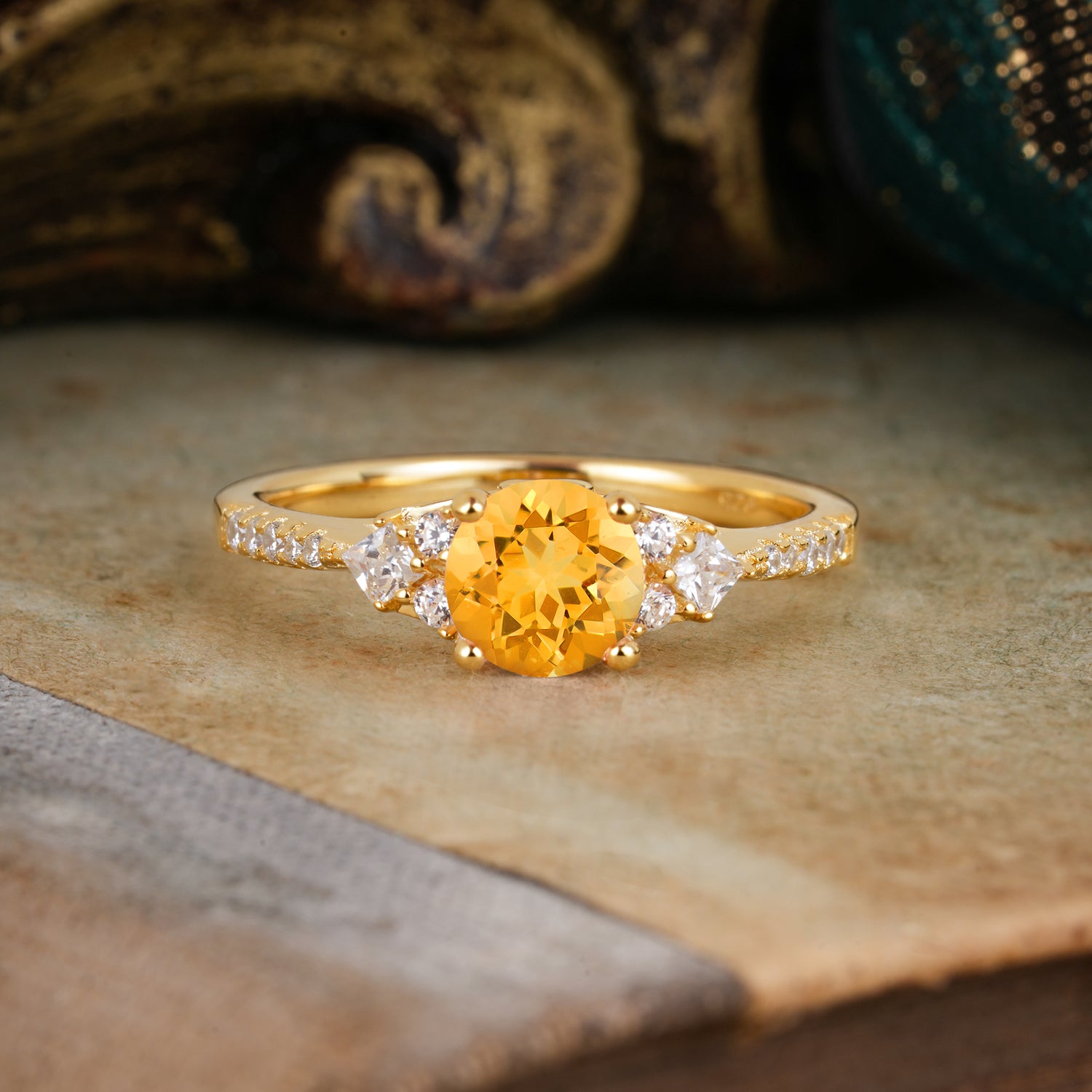 Round Cut Citrine Classic Side Stone Engagement Ring
