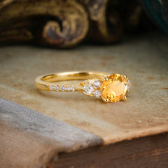 Round Cut Citrine Classic Side Stone Wedding Engagement Ring