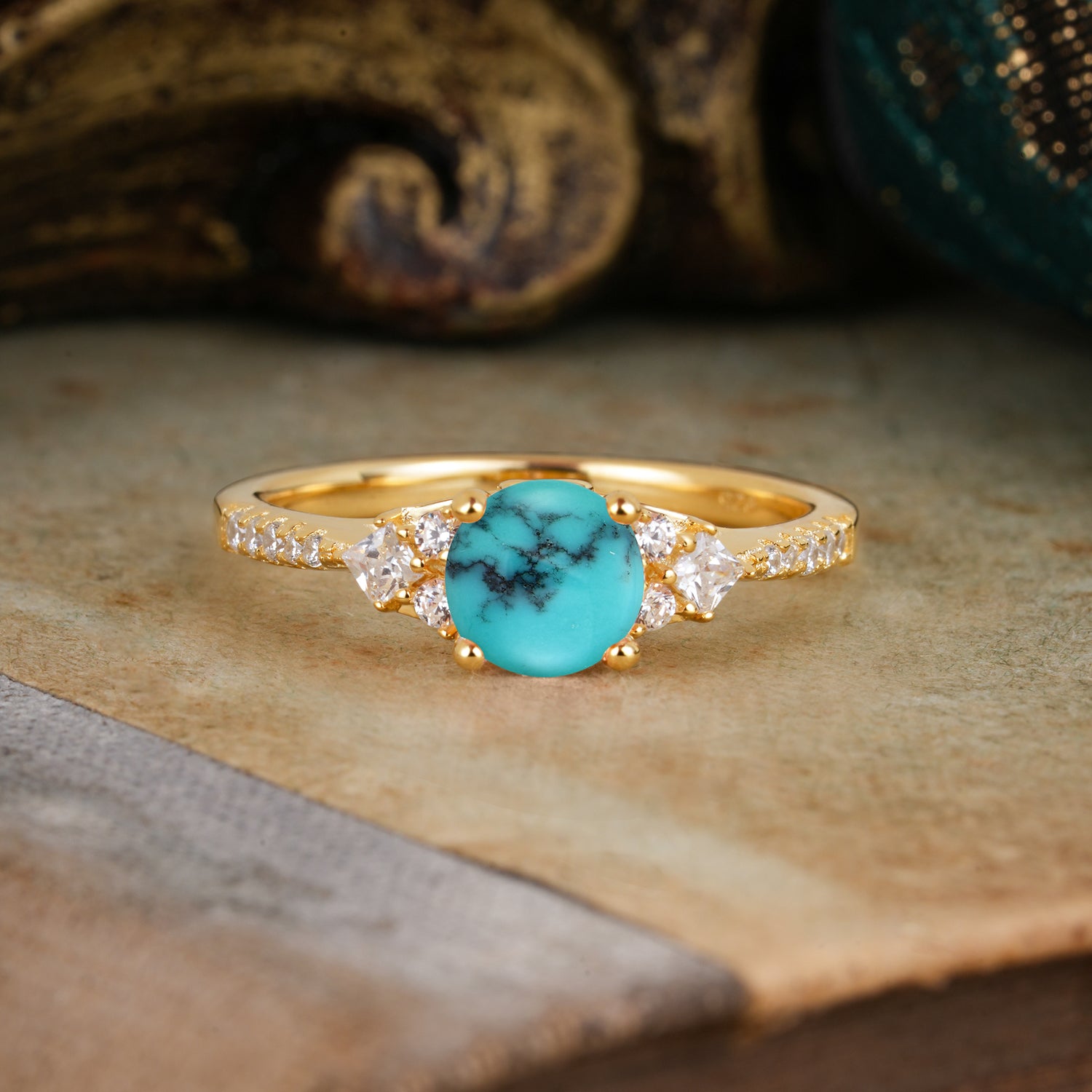 Round Cut Turquoise Classic Side Stone Engagement Ring
