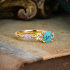Round Cut Lab Turquoise Classic Side Stone Wedding Engagement Ring