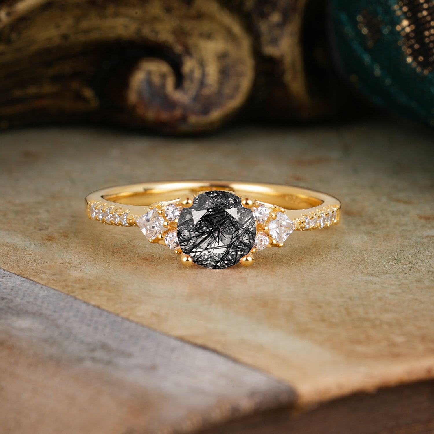 Round Cut Black Rutilated Quartz Classic Side Stone Engagement Ring