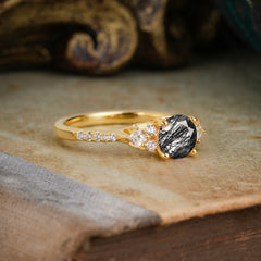 Round Cut Black Rutilated Quartz Classic Side Stone Wedding Engagement Ring