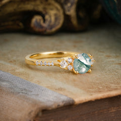 Round Cut  Moss Agate Classic Side Stone Wedding Engagement Ring