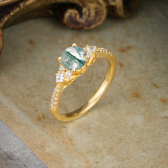 Round Cut  Moss Agate Classic Side Stone Wedding Engagement Ring