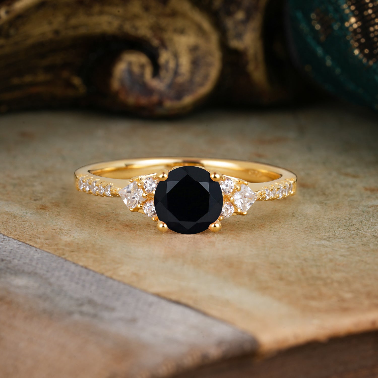 Round Cut Black Onyx Classic Side Stone Engagement Ring