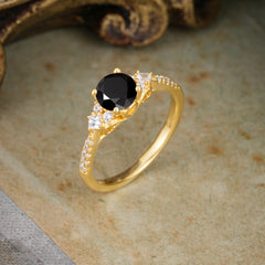 Round Cut Black Onyx Classic Side Stone Wedding Engagement Ring