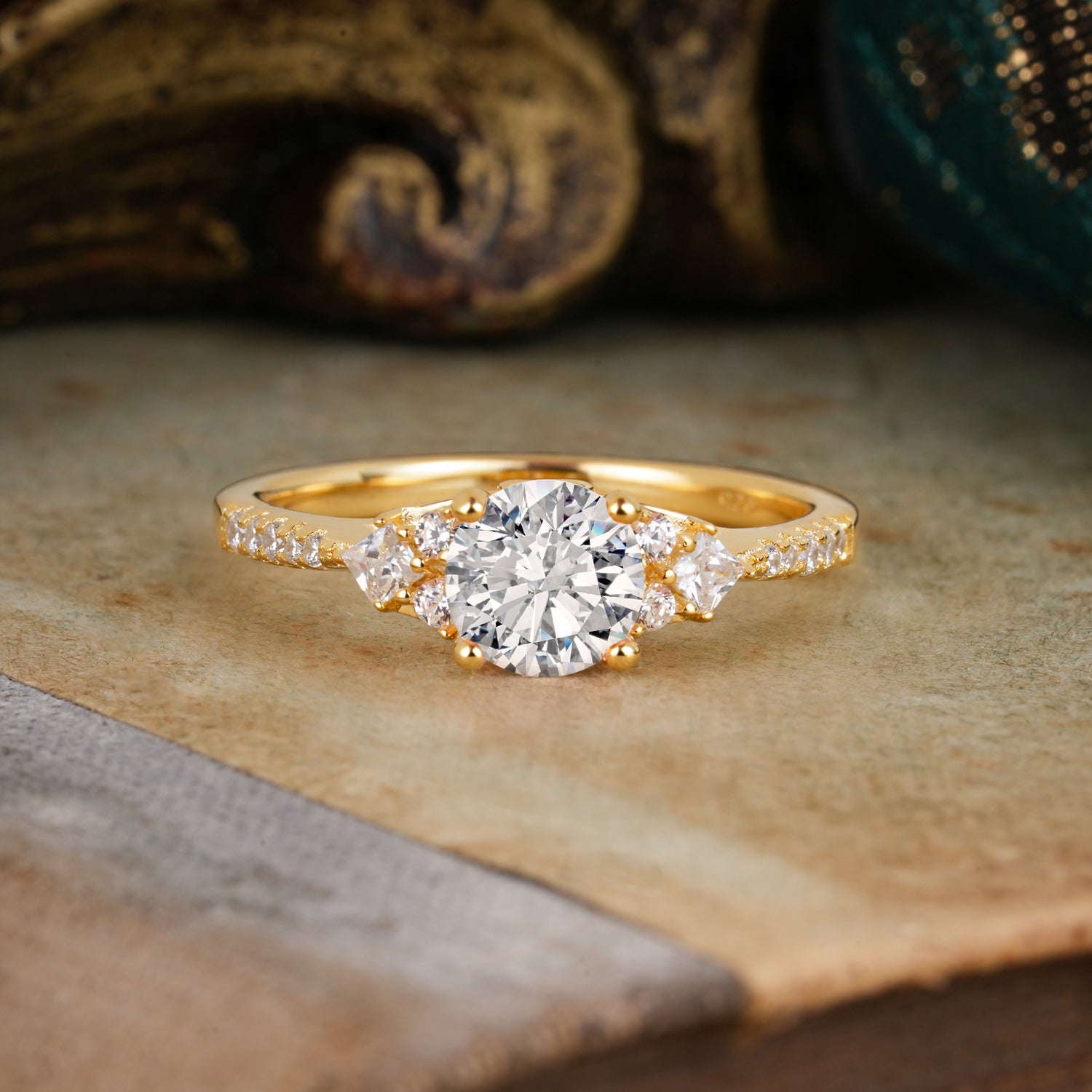 Round Cut Lab Diamond Classic Side Stone Engagement Ring