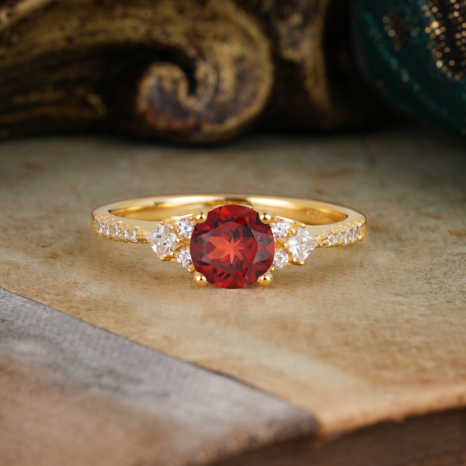 Round Cut Garnet Classic Side Stone Engagement Ring